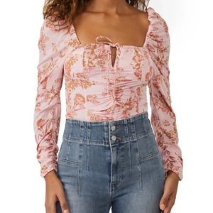 Free People Hilary Print Square Neck Long Puffed Sleeve Tie Back Smock Top Pink